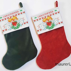 Personalized Christmas stocking in velvet fabric and hand-embroidered cross-stitch cuff Christmas Angels by Barbara Mock Dimensions 147