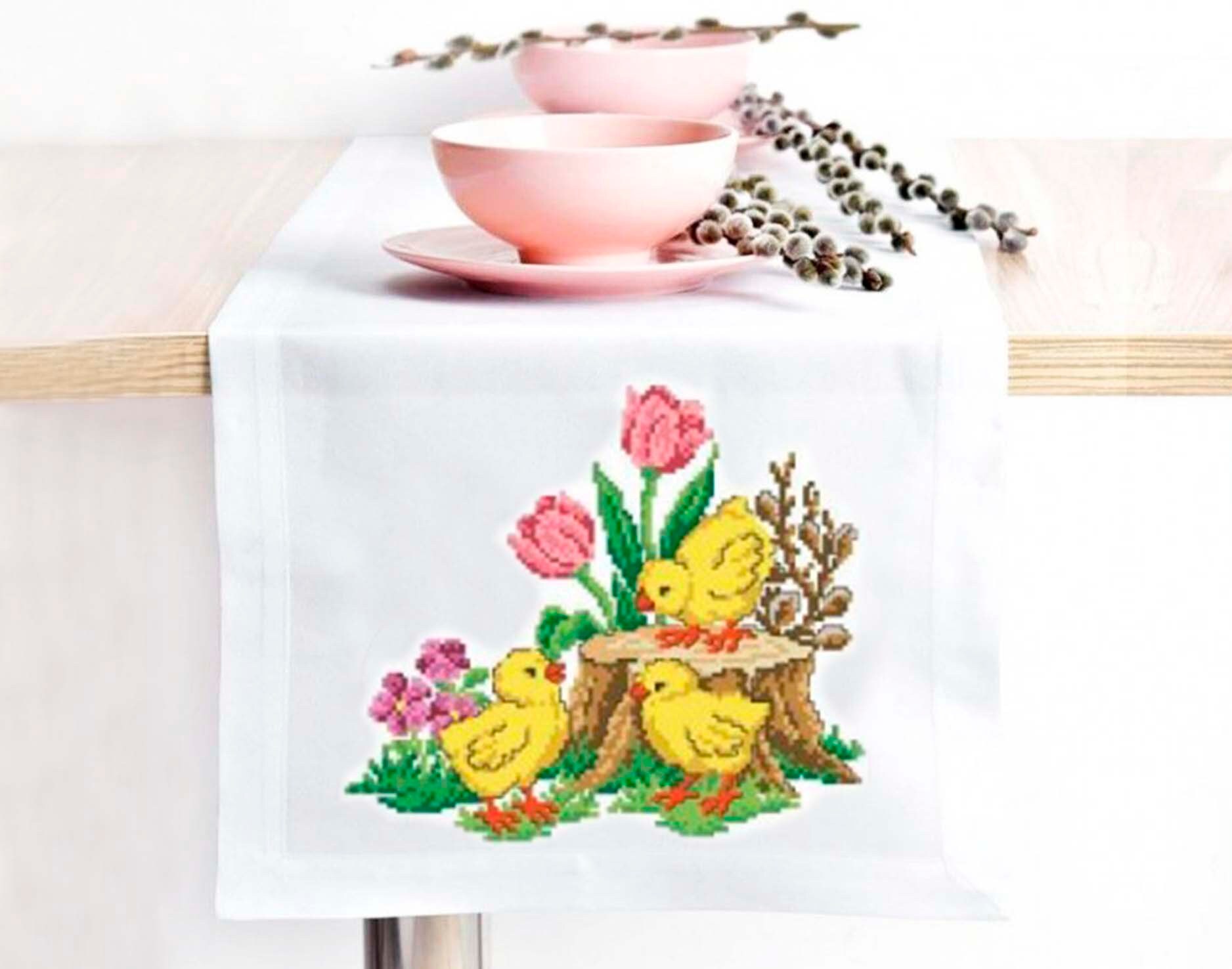 Easter table runner cross stich pattern Easter chickens pattern for cross stich Digital PDF pattern Chickens and flower cross stitch