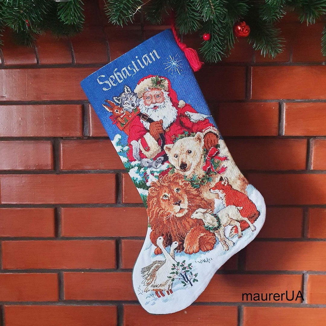Christmas Stocking With Embroidered Santa's Wildlife Santa With