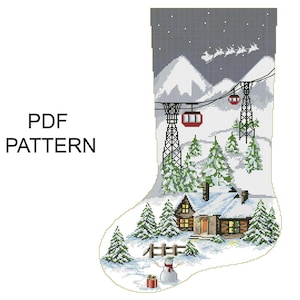 Christmas stocking PDF pattern cross stitch Christmas Ski Resord Santa flew Embroidery Christmas stocking  Digital instant download