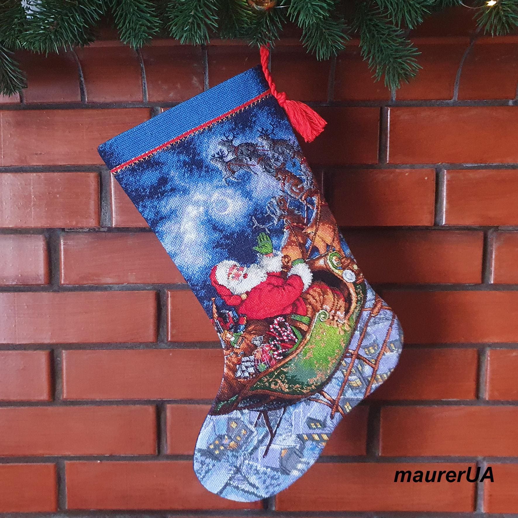 Cross stitch Christmas stocking Finished stocking Dimensions 70-08923 Santas Flight Stocking Embroidered Santa