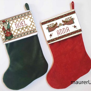 Calza natalizia personalizzata in tessuto di velluto e polsino ricamato a mano a punto croce Country noel Calze Babbo Natale e Angelo