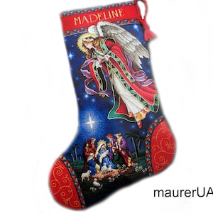 Heavenly Herald Angel Christmas Stocking Dimensions Embroidered Xmas stocking with angel Made to order