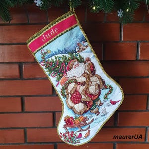 Finished  personalized Christmas stocking with embroidered Santa Santa s Journey Stocking READY TO SHIP
