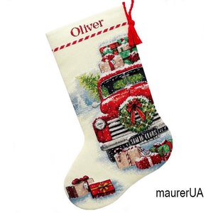 Santa&#39;s Truck Stocking Personalised Christmas stocking with embroidered truck Dimensions 70-08986 READY TO SHIP