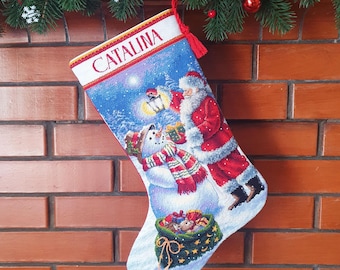 Finished Personalised Christmas stocking with embroidered Santa Dimensions 70-08952 Holiday Glow Christmas Stocking  READY TO SHIP