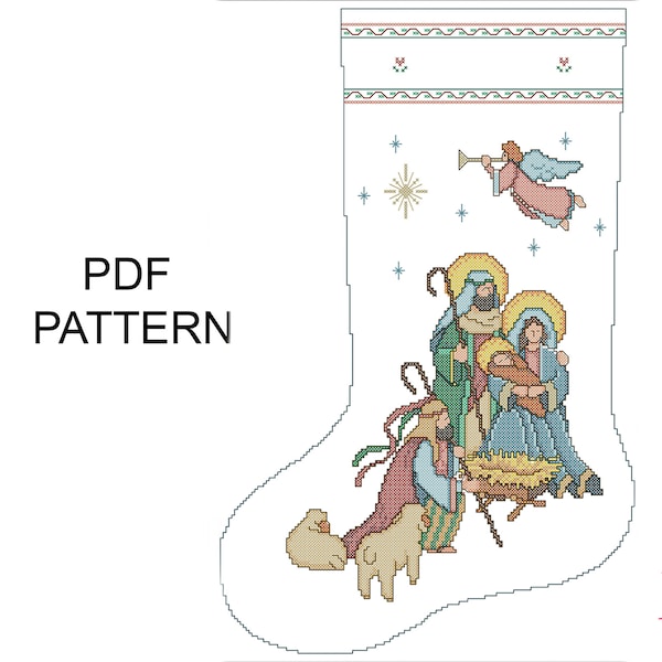Patrón de media navideña personalizada en PDF Sagrada Familia Punto de cruz Bendito Nacimiento Descarga digital instantánea