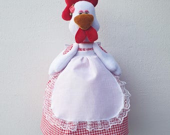 Gallina con vestido rojo y blanco, soporte para bolsas de plástico, muñeco para bolsas de la compra, soporte para bolsas de plástico, decoración para la cocina, regalo de Pascua para ama de casa
