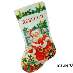 Christmas stocking with embroidered Santa Dear Santa stocking Needle Treasures Personalised stockings  Custom cross stitch Made to order