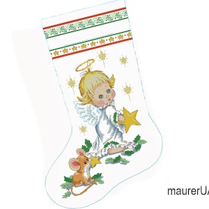 Personalized Christmas stocking with embroidered angel Cross stitch Xmas stockings Handmade cross-stitched New Year&#39;s dekor Made to order