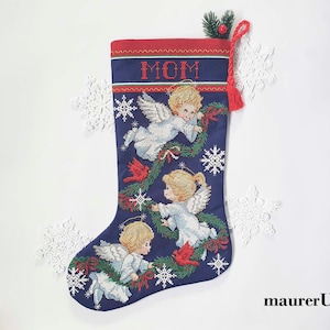 Personalized Xmas stocking with embroidered angels Cross stitch Christmas stockings Handmade cross-stitched New Year&#39;s dekor Made to order