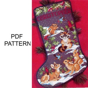 Christmas stocking PDF pattern cross stitch Vintage embroidery christmas stocking Forest animals Raccoon, bunnies Digital instant download