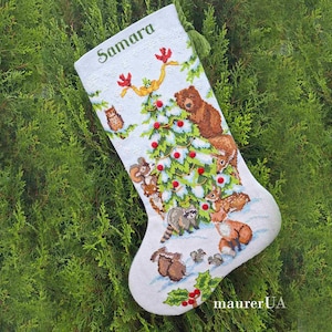 Finished Christmas stocking Custom embroidery Handmade cross stitch