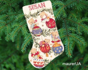 Embroidered Christmas stocking Swinging Teddies Personalised stockings Needle Treasures