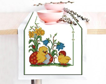 Easter chickens pattern for cross stich Easter table runner cross stich pattern Digital PDF pattern Chickens and flower cross stitch