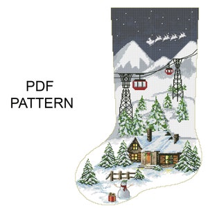 Christmas stocking PDF pattern cross stitch Christmas Ski Resord Santa flew Embroidery Christmas stocking  Digital instant download