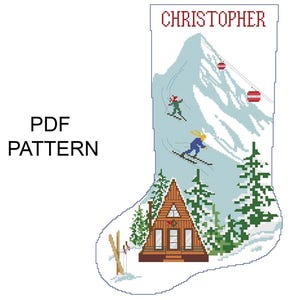 May include: A cross-stitch pattern for a Christmas stocking featuring the name CHRISTOPHER at the top. The design depicts a snow-covered mountain with skiers, a cable car, and an A-frame cabin surrounded by pine trees. The text PDF PATTERN is visible.