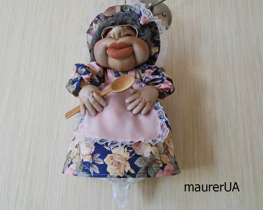 Plastic Bag Holder Doll Grandma in Blue With Pink Roses Dress Etsy