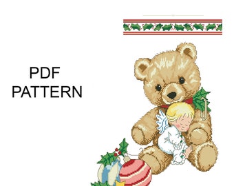 Vintage embroidery christmas stocking 1991 Angel and bear Christmas stocking PDF pattern cross stitch Digital instant download