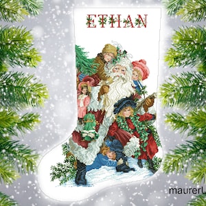 Christmas stocking with embroidered Santa and Friends Custom cross stitch Made to order