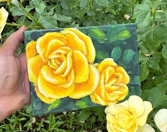Twee rozen schilderij op canvas, rozen, bloemen schilderij, geel, zomer, bloemen, acryl, canvas kunst, acryl schilderij, geel, zomer, bloemen, acryl schilderij van Savannah McClain