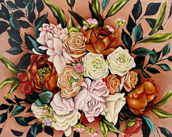 May include: An oil painting of a floral bouquet featuring roses, peonies, and other flowers in shades of white, pink, and orange. Dark green leaves provide contrast against the peach-colored background. The artwork is a still life.