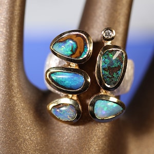 59 gr. Silver ring 5 micron gold plated crown with Australian opals and 1 diamond