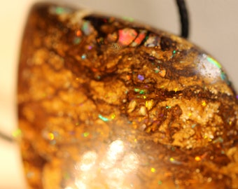 Australian Boulder Opal Pendant with VIDEO Wood Wood