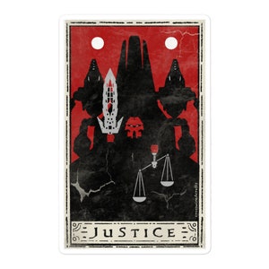 May include: A vintage-style card with a red background and a black silhouette of a figure holding a sword and scales of justice. The card reads "JUSTICE" in a stylized font.