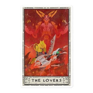 May include: A sticker featuring a tarot card design with a red and orange background. The card depicts two figures with weapons, and a larger figure in the background. The text "THE LOVERS" is at the bottom.