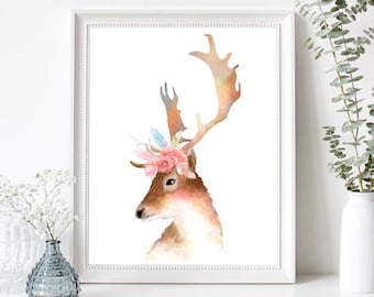 Stampa artistica da parete per cameretta con cervo ad acquerello, decorazione boho con corona floreale per bambina, stampa di animali del bosco, regalo per baby shower