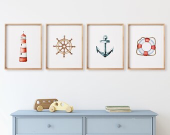 Juego de 4 láminas de acuarela con motivos náuticos para habitación infantil: faro, ancla, timón, salvavidas. Decoración para el baño de la habitación del bebé. Descarga instantánea.