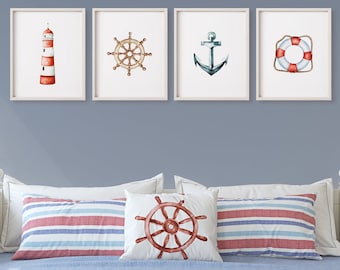 Juego de 4 láminas decorativas náuticas para pared, decoración costera imprimible, lámina con faro, ancla y timón, arte para casa de playa, descarga instantánea.