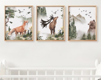 Aquarell Wald Kinderzimmer Wand Kunst 3er-Set, Fuchs Hirsch Bär Naturdrucke, Gender Neutral Baby Zimmer Dekor, Babypartygeschenk
