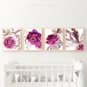 Purple Floral Wall Art Set of 4 – Boho Botanical Prints for Bedroom, Living Room, Nursery Decor – Rustic Modern Flower Artwork