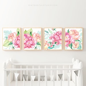 tercolor pink hydrangea wall art set of 4 beach house floral printable girl room bedroom decor