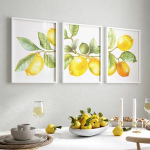 Watercolor lemon wall art set of 3 amalfi coast kitchen decor summer citrus print dining room