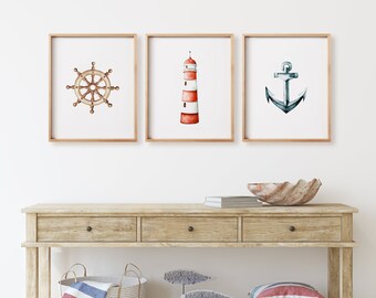 Juego de 3 láminas de arte mural náutico en acuarela, con ancla, faro y timón para imprimir, decoración para habitación infantil con temática costera o playera, ideal para guarderías.