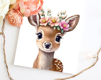 Watercolor Deer Nursery Wall Art Print, Boho Floral Fawn Baby Girl Decor, Woodland Animal Printable, Baby Shower Gift, Instant Download