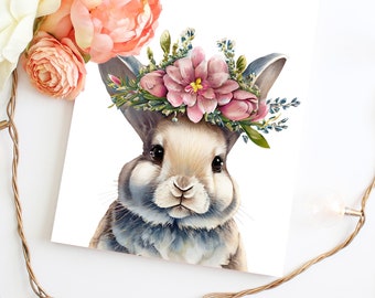 Watercolor Bunny Nursery Wall Art Print, Boho Floral Rabbit Baby Girl Decor, Woodland Animal Printable, Baby Shower Gift, Instant Download
