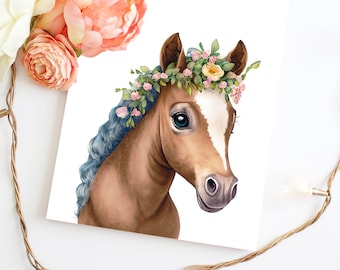 Watercolor Horse Nursery Wall Art Print, Boho Floral Equestrian Baby Girl Decor, Farm Animal Printable, Horse Lover Gift, Instant Download