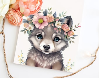 Watercolor Wolf Nursery Wall Art Print, Boho Floral Baby Girl Decor, Woodland Animal Printable, Baby Shower Gift, Instant Download