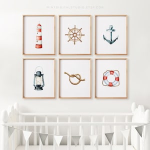 Nautical Nursery Prints – Set of 6 Coastal Wall Art for Beach House, Boy’s Room & Bathroom, Printable Ocean Decor Download
