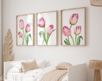 Juego de 3 láminas decorativas de tulipanes en acuarela, lámina floral rosa para imprimir, lámina botánica, decoración de pared tipo galería, descarga instantánea, arte para dormitorio, lámina floral.