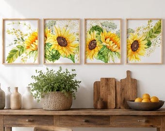 Juego de 4 láminas decorativas de girasoles en acuarela para pared, láminas botánicas rústicas para imprimir, decoración de pared para cocina estilo granja, estampados florales amarillos.