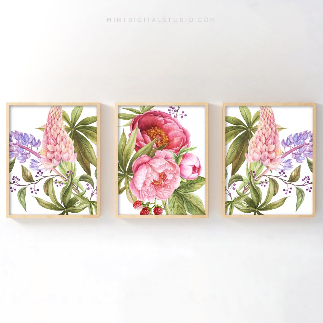Peony & Wildflower Wall Art Set of 3, Pink Floral Printable Decor ...