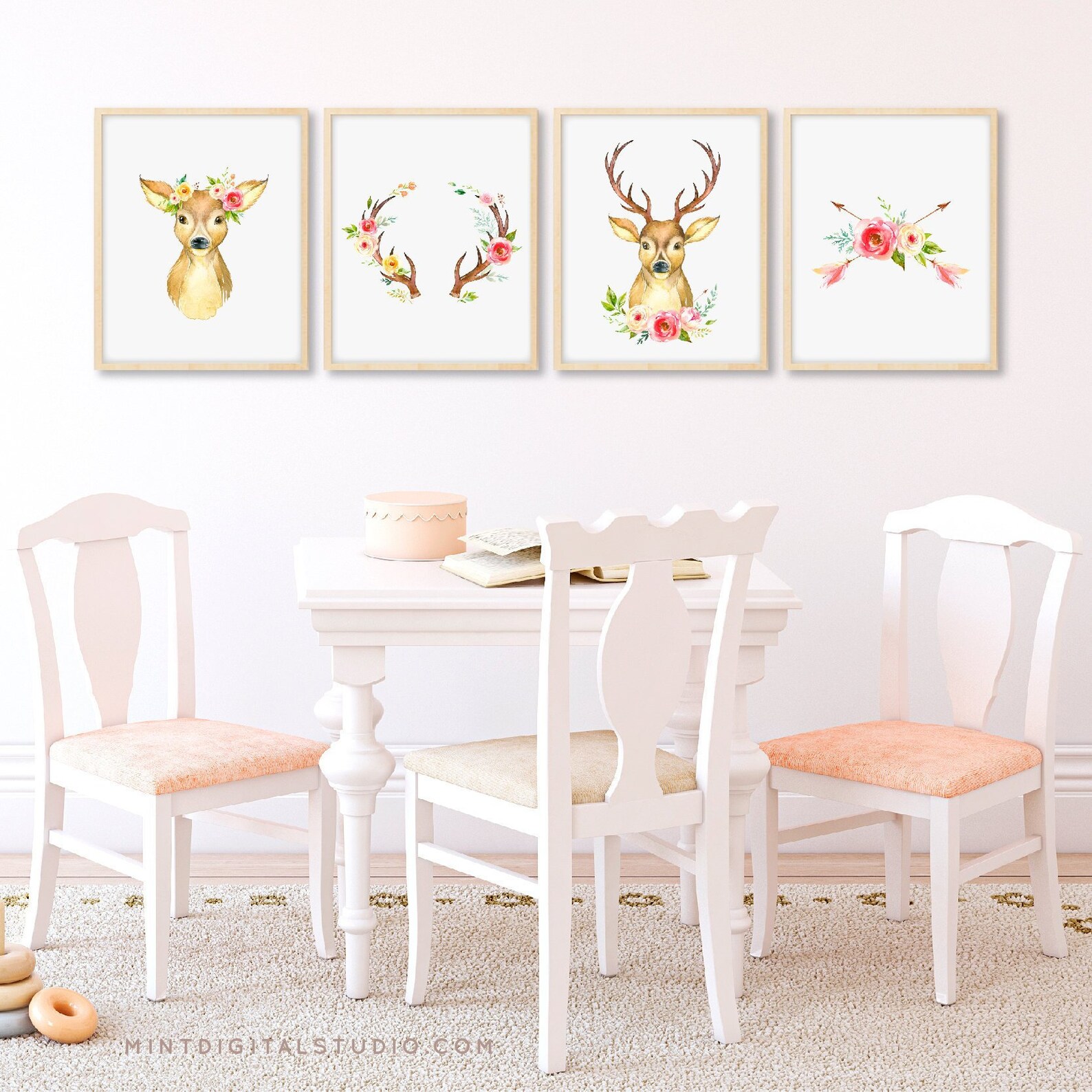 Baby Girl Deer Nursery Prints Floral Nursery Decor Woodland Etsy