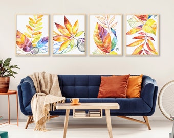 Watercolor Fall Wall Art Set of 4, Autumn Leaf Printable, Farmhouse Dining Room Living Room Decor, Thanksgiving Gift, Instant Download