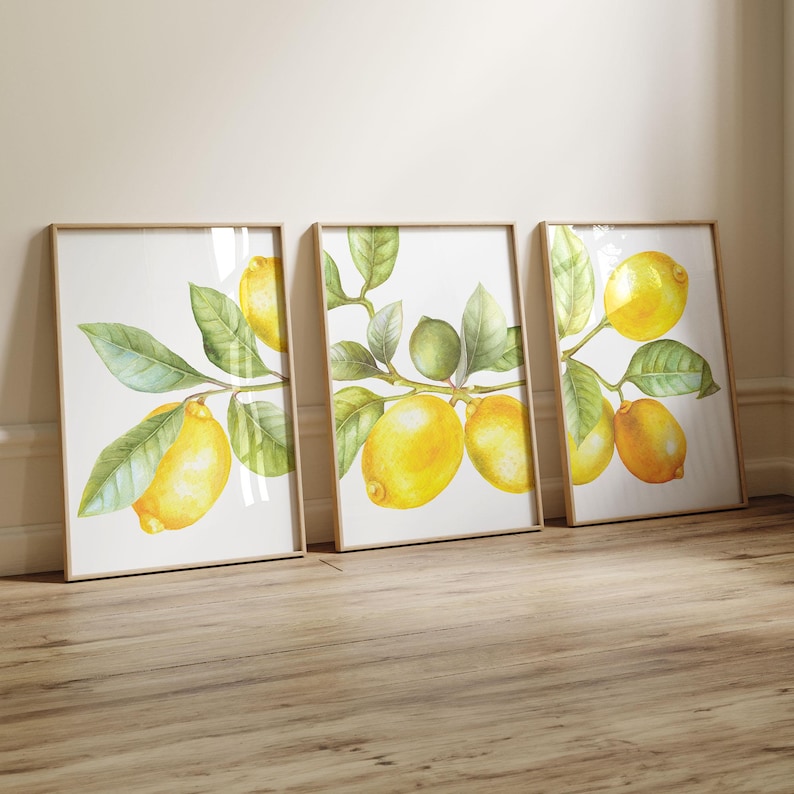 Watercolor lemon prints set of 3 wood frames dining room floor display