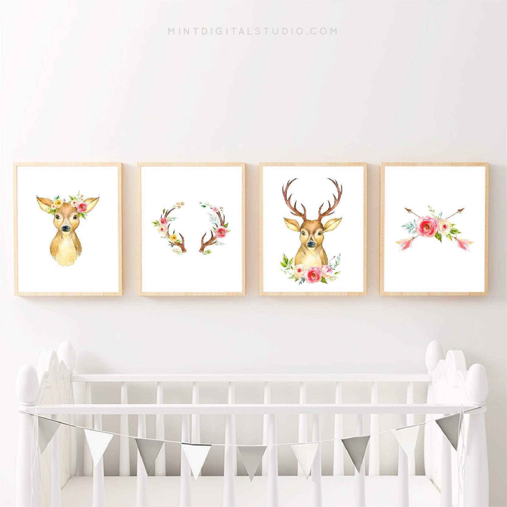 Baby Girl Deer Nursery Prints Floral Nursery Decor Woodland Etsy